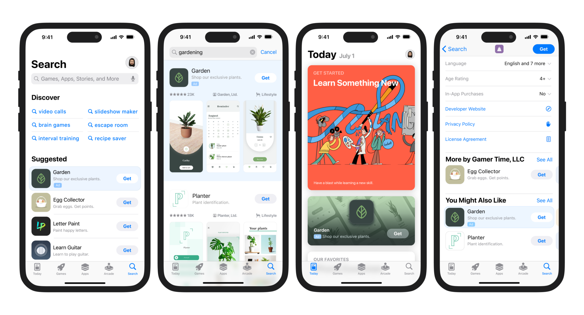 Apple Ads placements, left to right: Search tab ad, Search result ad, Today tab ad, product page ad. Official Apple Ads partner resources for Revantric.